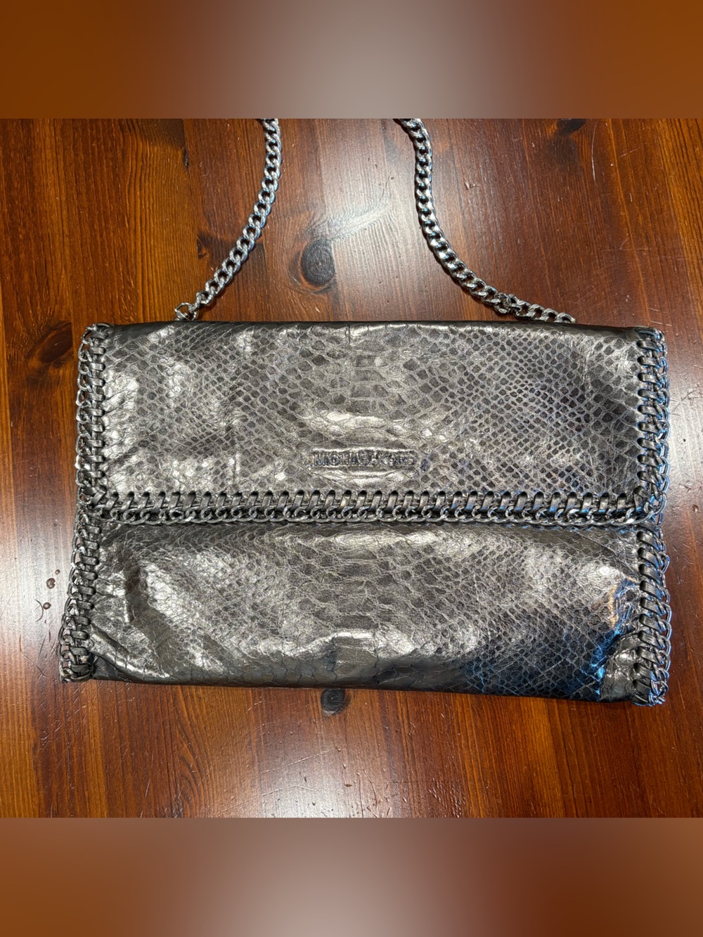 Michael Kors Python-Embossed Leather Foldover Chain Clutch Silver
